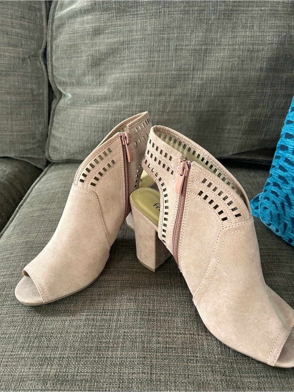 Francesca's Collections Blush Suede Peep-Toe Block Heel Booties